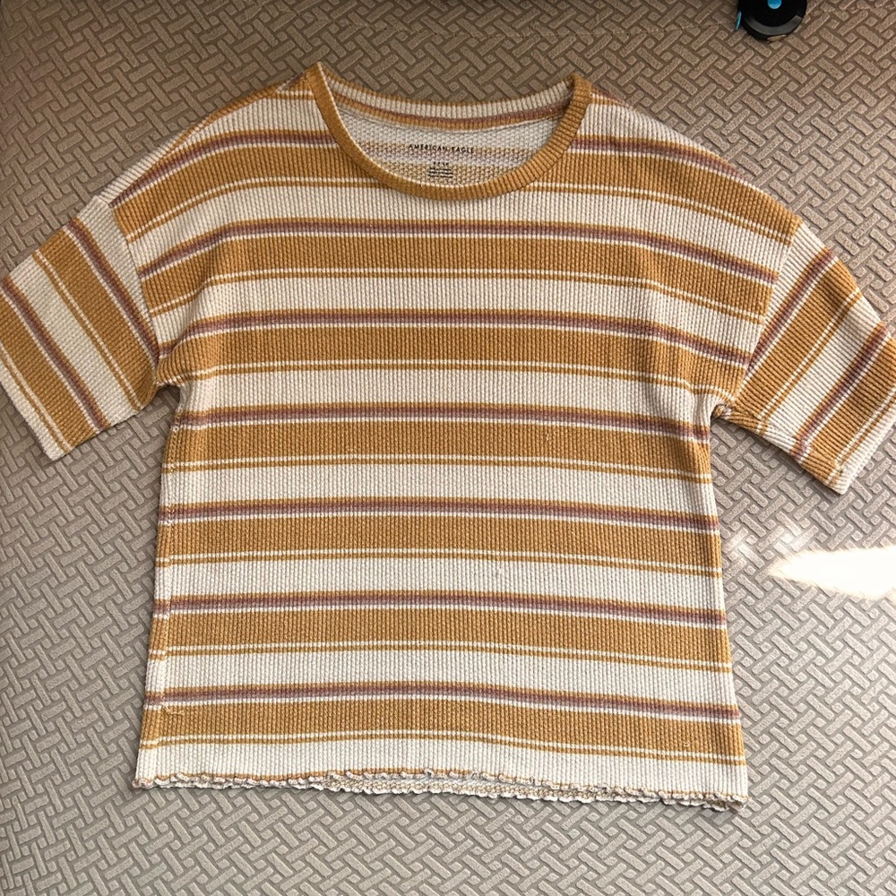 S American Eagle Outfitters Yellow and White Striped Short Sleeve Tee